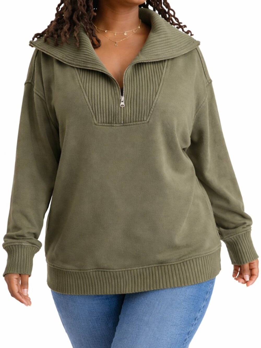 AERIE Down to Earth 1/4 Zip Sweatshirt Shawl Neck Loose Grey Green Womens Medium